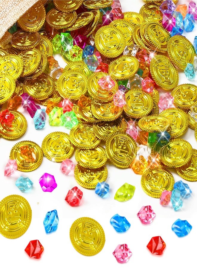 MARFOREVER 246 Pcs Pirate Treasure Gems and Gold Coins Plastic Gems Jewels Fake Pirate Gold Coins Pirate Party Decorations for Halloween Pirate Adventure Birthday Party Decor - Image 1